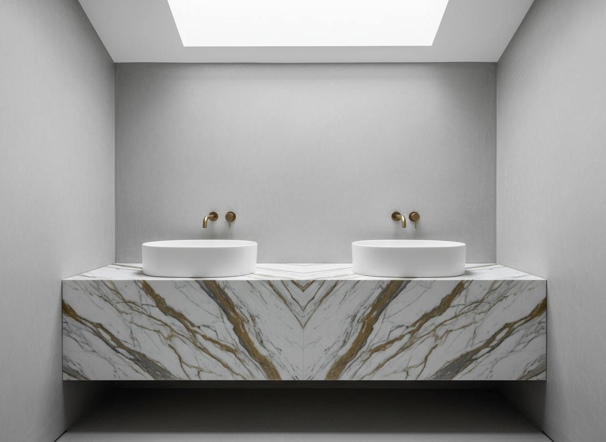 An elegant double vanity featuring two oval countertop porcelain basins in pure matte white, each with wafer-thin edges, resting on a continuous porcelain slab that replicates Calacatta marble with dramatic gold and grey veining. The slab folds down the front in a waterfall detail, meeting a recessed, shadow-line plinth. The surrounding space is minimal, with soft grey microcement walls and no visible fixtures. Natural diffused daylight enters from an unseen skylight above, creating even, shadowless illumination that brings out the subtle texture and pattern of the porcelain. Photographic realism, shot straight-on at eye level with balanced composition, serene and spa-like mood, emphasizing bespoke luxury and symmetry.