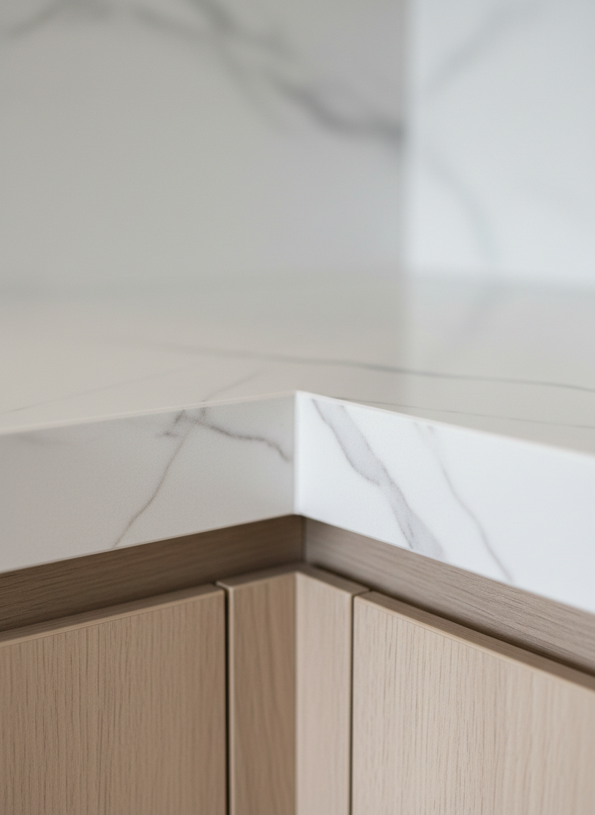 A niche detail of a porcelain backsplash meeting a porcelain worktop at a perfectly mitred, seamless corner, both in a delicate off-white tone with faint, linear marble veining. The camera focuses tightly on the joint where the veins align flawlessly across the two planes, demonstrating meticulous craftsmanship. The surrounding area is largely negative space, with only a hint of pale wood cabinetry blurred in the background. Soft, overcast-style studio lighting from the front creates minimal shadows and a very clean, even look. Photographic realism, macro-style shot with shallow depth of field, calm and highly refined mood, highlighting precision joinery and the bespoke nature of the surfaces.