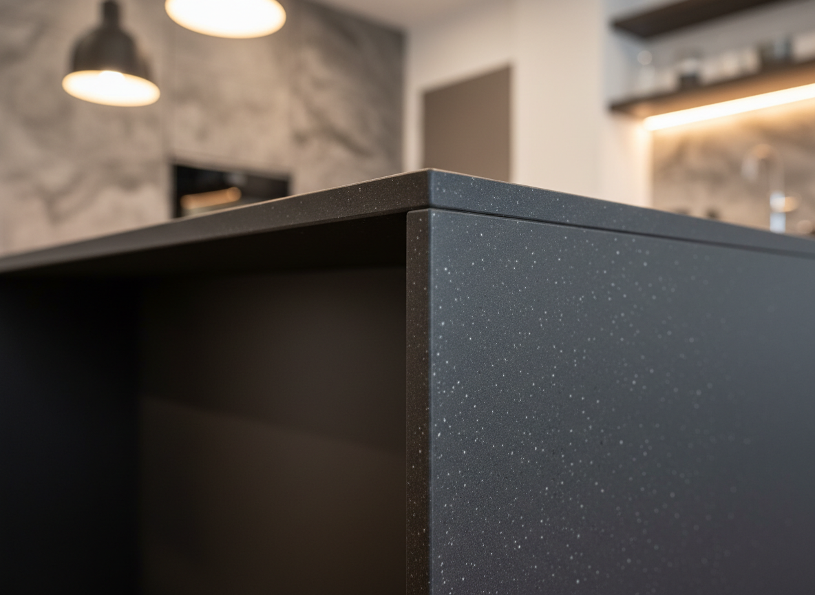 A close-up of a porcelain kitchen island worktop in deep charcoal with ultra-fine white speckles, showing the crisp, chamfered edge profile meeting a waterfall side panel. The surface appears cool and dense, with a delicate satin sheen that catches overhead pendant lighting. In the background, out of focus, are matching porcelain wall claddings in a lighter stone pattern. The lighting is warm and directional from above, creating a gentle gradient across the surface and defining the sharp geometry of the edges. Photographic realism, shot at a low, raking angle to emphasize thickness and craftsmanship, modern and sophisticated mood, highlighting the precision of bespoke fabrication.