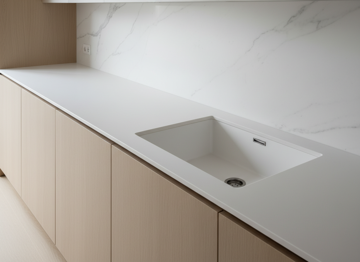 A long, seamless porcelain kitchen worktop in a soft matte white, its surface perfectly flat with barely visible joints, stretching the length of a minimalist kitchen. Integrated into the worktop is a gently sloped, flush-mounted basin, also porcelain, with a discreet linear drain in brushed stainless steel. The space around it features pale oak cabinetry and a full-height porcelain splashback in a subtle marble-vein pattern. Soft morning daylight pours in from an unseen window to the left, creating smooth, diffused reflections and gentle shadows along the edges. Photographic realism, shot at eye level with a wide-angle lens, sharp focus throughout, clean and modern mood, conveying calm precision and bespoke craftsmanship.