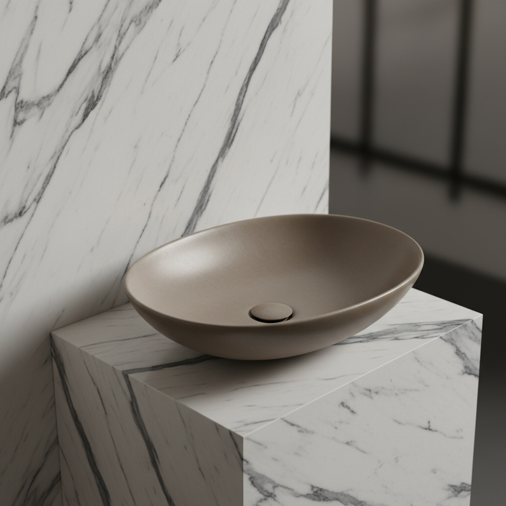 A sculptural, freestanding porcelain basin in a velvety warm grey, shaped like a shallow ellipse with ultra-thin walls and a perfectly centered circular waste, sitting on a honed marble plinth. The marble has a soft white base with bold, charcoal veining that flows diagonally. Behind the basin, a full-height porcelain slab mimics the same marble pattern, creating continuity. Soft studio lighting from above and slightly to the right casts subtle highlights on the basin’s curved rim and delicate shadows beneath. Photographic realism, captured from a slightly elevated three-quarter angle, with a softly blurred background, creating an atmosphere of quiet luxury and tailored design.