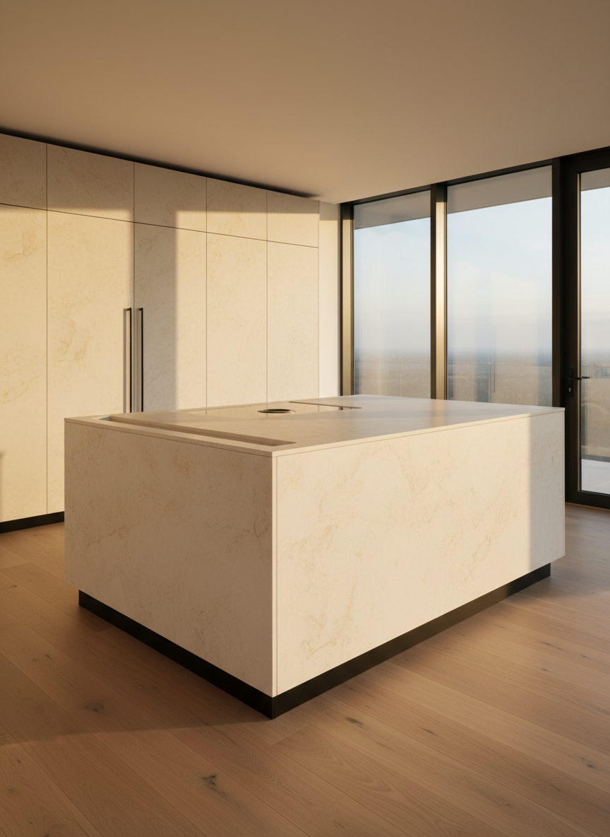 A monolithic kitchen island formed entirely from large-format porcelain panels in a creamy, warm white stone effect, featuring an integrated, flush-mounted porcelain hob surround and an invisible, rebated worktop drain channel. The island appears to float slightly above a recessed shadow plinth. Surrounding flooring is wide-plank light oak, and the background shows tall, handleless cabinets faced in matching porcelain. Gentle evening golden-hour light enters from floor-to-ceiling glazing on the right, creating elongated soft shadows across the island and a warm glow on its surfaces. Photographic realism, wide-angle shot from a corner perspective, airy and aspirational mood, emphasising the seamless expanses of porcelain and monolithic design.